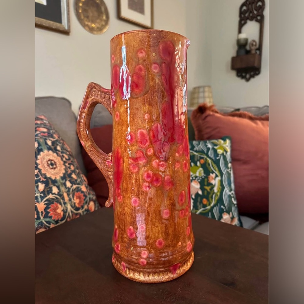 MCM Red and Orange Lava Drip Glazed Handled Pitcher Vase